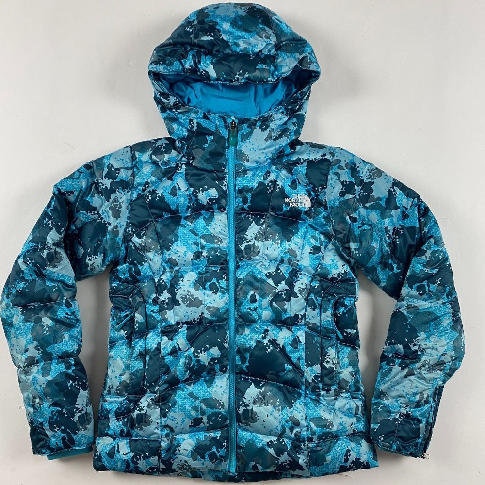 The North Face 550 Fill Goose Down Camo Puffer Jacket Womens Small Blue Hooded